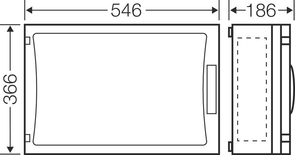 Technische Zeichnung eines Geräts mit den Maßen 546 x 366 x 186 mm aus der Vorder- und Seitenansicht.