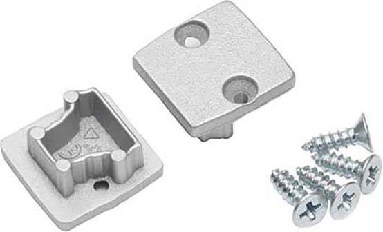 Ein Satz von zwei metallenen Befestigungsplatten und vier Schrauben. Die Platten haben Löcher für die Montage.