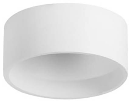 Runder, weißer Lampenschirm mit schlichtem Design, seitliche Ansicht.