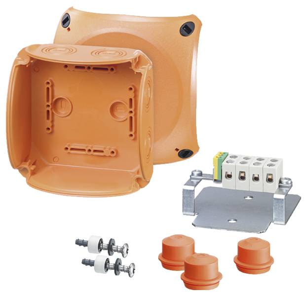 Elektrischer Anschlusskasten aus Kunststoff mit abnehmbarer Abdeckung, Kabeleinführungen, Steckklemmen und Montagezubehör.