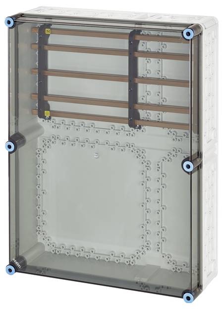 Elektrischer Schaltschrank mit durchsichtigem Gehäuse, das mehrere Kupferleiter innen zeigt. Geeignet für Gebäudeverteilung.