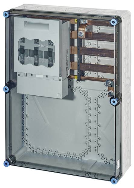 Elektrischer Verteilerkasten mit transparentem Gehäuse, innen drei große Schalter und Kupferleitungen sichtbar.