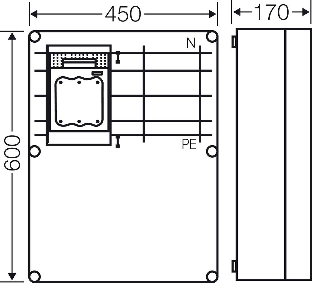 Elektrotechnischer Schaltplan: zeigt die Rückansicht und Seitenansicht eines Gehäuses mit Maßen 450x600x170 mm, Anschlussklemmen N und PE.