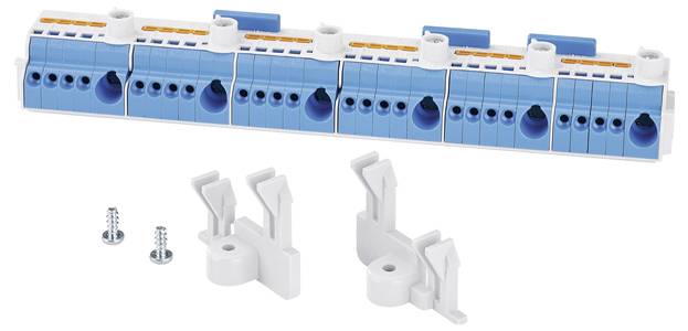 Ein blauer Verteilungsblock mit mehreren Anschlüssen und Befestigungsteilen. Dient zur elektrischen Verdrahtung und Organisation.