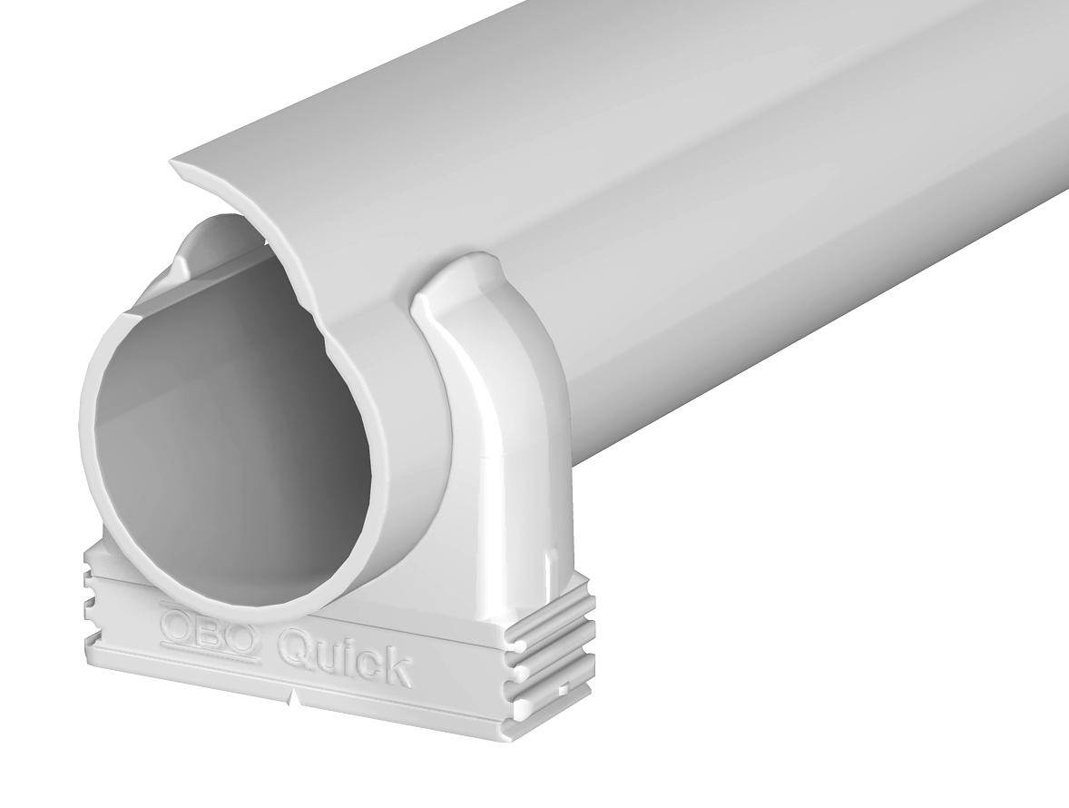 Ein weißer Kabelkanal mit runder Öffnung, Aufschrift 'OBO Quick' an der Basis. Dient zur Verkleidung und zum Schutz von Kabeln.