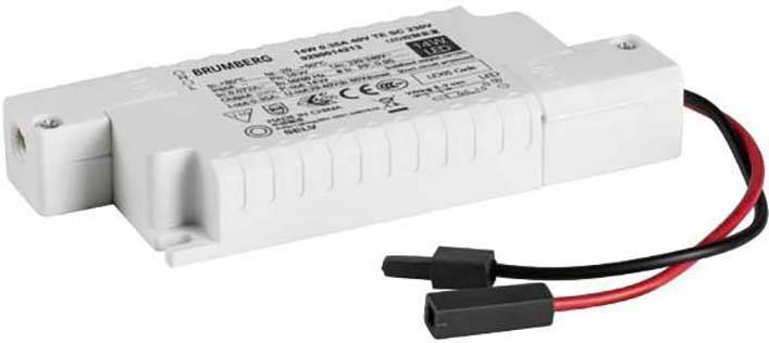 Elektronischer Transformator mit technischen Details, Markenlogos und Anschlusskabeln, geeignet für LED-Leuchten.