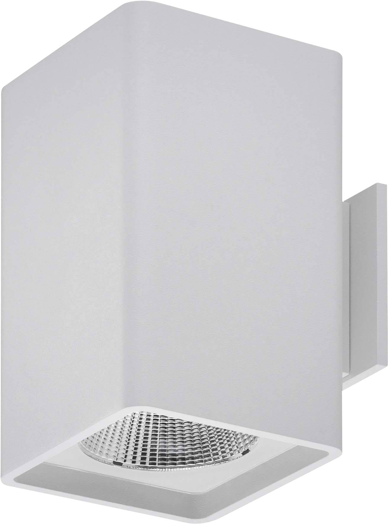 Weiße, moderne Wandleuchte mit rechteckigem Design, ausgerichtet nach oben und unten. Ideal für stilvolle, dezente Beleuchtung.