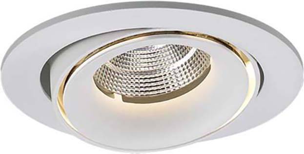 Einbauleuchte mit rundem, silbernem Rahmen und geriffeltem Innenreflektor, die nach unten strahlt.