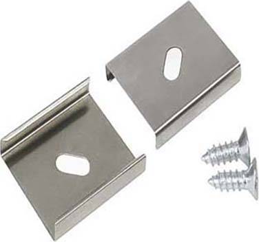 Metallclip-Set bestehend aus zwei Clips und zwei Schrauben. Die Clips haben ovale Löcher zur Befestigung.
