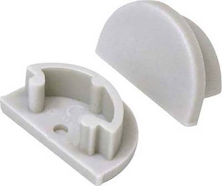 Zwei graue Kunststoffhalterungen in Halbkreisform, eine liegend mit sichtbaren Innensegmenten, die andere stehend.