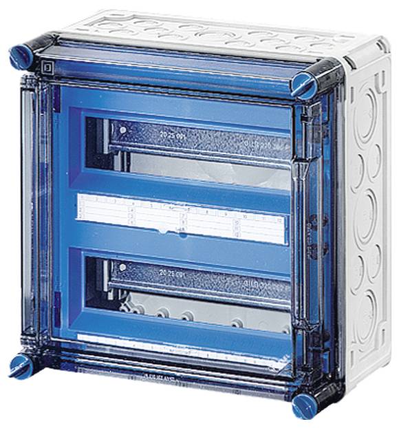 Sicherungsgehäuse mit transparentem, blauen Deckel, zeigt Halterungen für Sicherungen oder Schaltgeräte in einem weißen Rahmen.