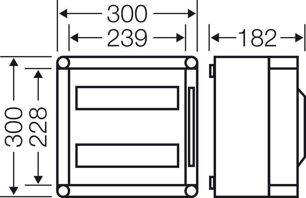 Technische Zeichnung einer rechteckigen Box mit Maßen: 300x300mm, 239mm Breite, 182mm Tiefe. Zeigt Vorder- und Seitenansicht.