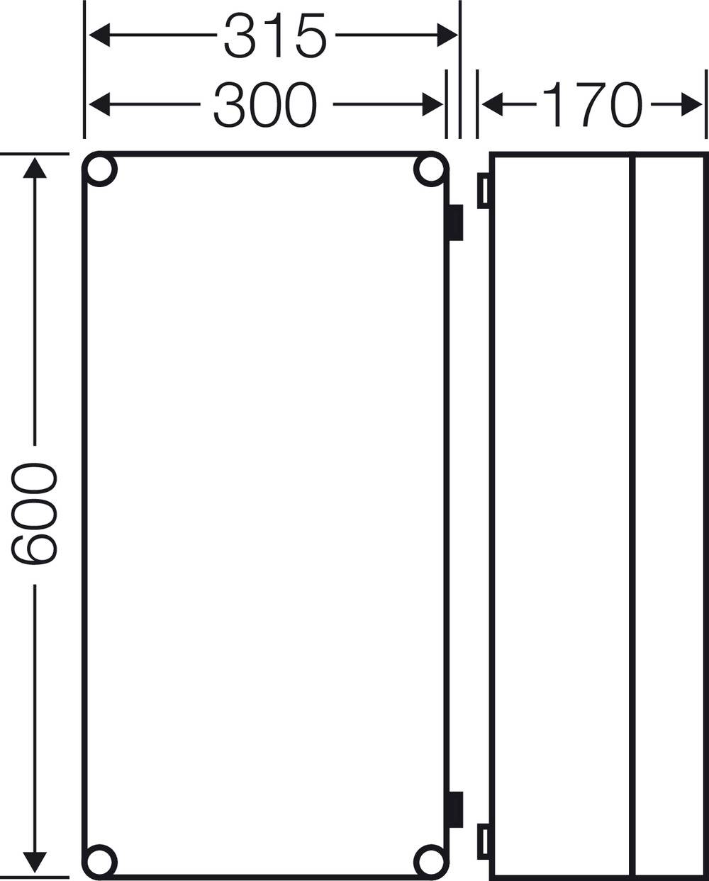 Eine technische Zeichnung zeigt die Ansicht eines rechteckigen Gehäuses mit Maßen: 600 mm Höhe, 315 mm Breite oben, 300 mm Breite unten und 170 mm Tiefe.