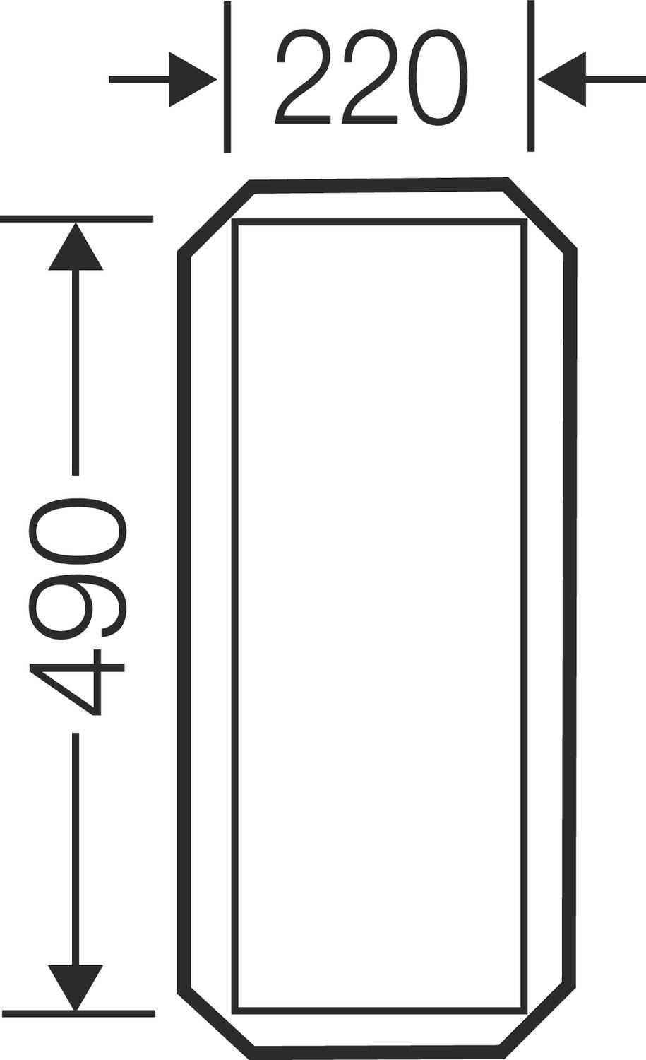 Technische Zeichnung eines rechteckigen Prismas. Höhe: 490 mm, Breite: 220 mm.