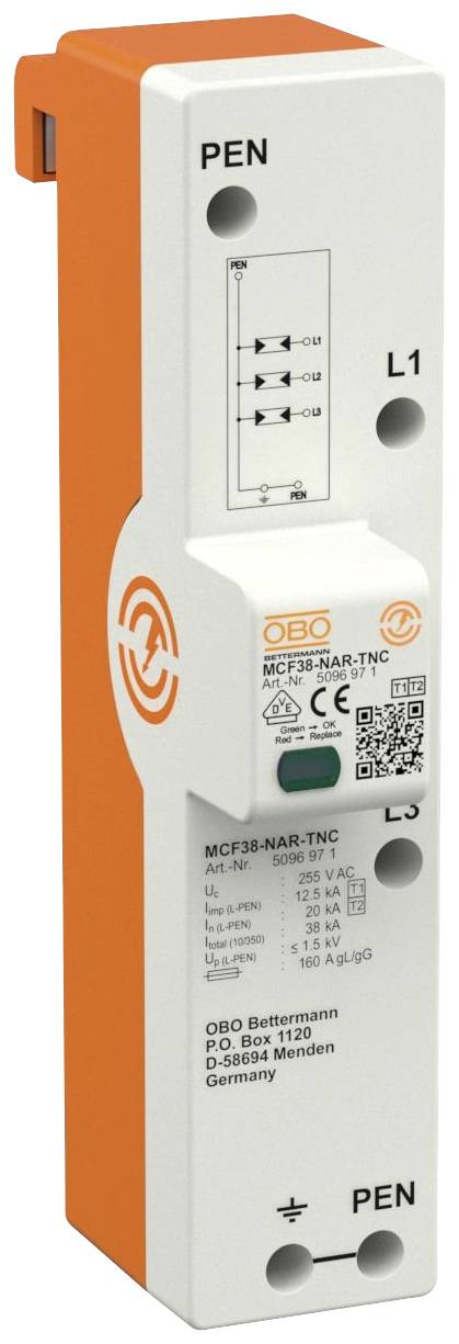 Ein elektrisches Überspannungsschutzgerät in rechteckiger Form, mit Anschlussklemmen PEN, L1, L2, L3 und Modellbezeichnung 'MCF38-NAR-TNC'.