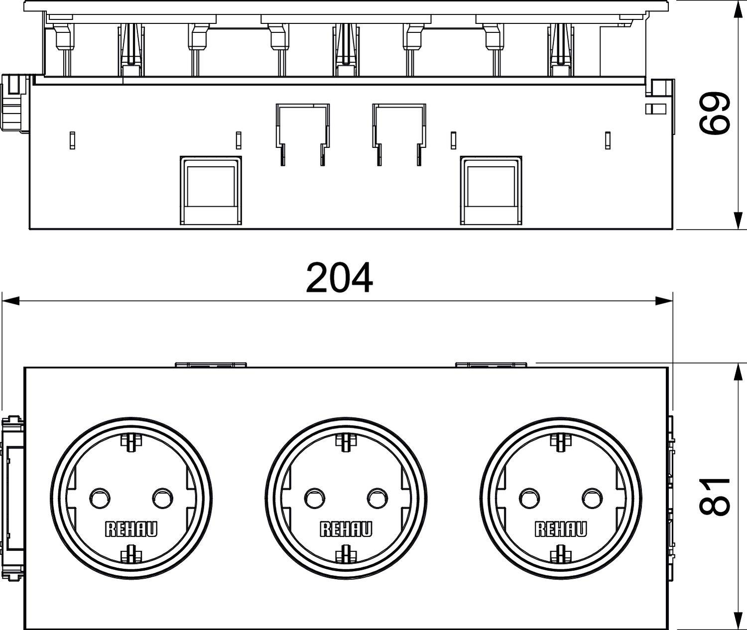 Zeichnung einer Dreifachsteckdose mit den Maßen: Höhe 69 mm, Breite 204 mm, Tiefe 81 mm. Oben ist die Ansicht von der Seite, unten die Frontansicht.