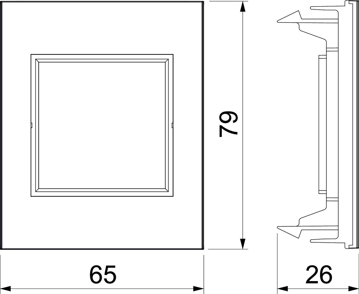 Technische Zeichnung eines quadratischen Schalters mit den Maßen 65 mm Breite, 79 mm Höhe und 26 mm Tiefe, Seiten- und Frontansicht.