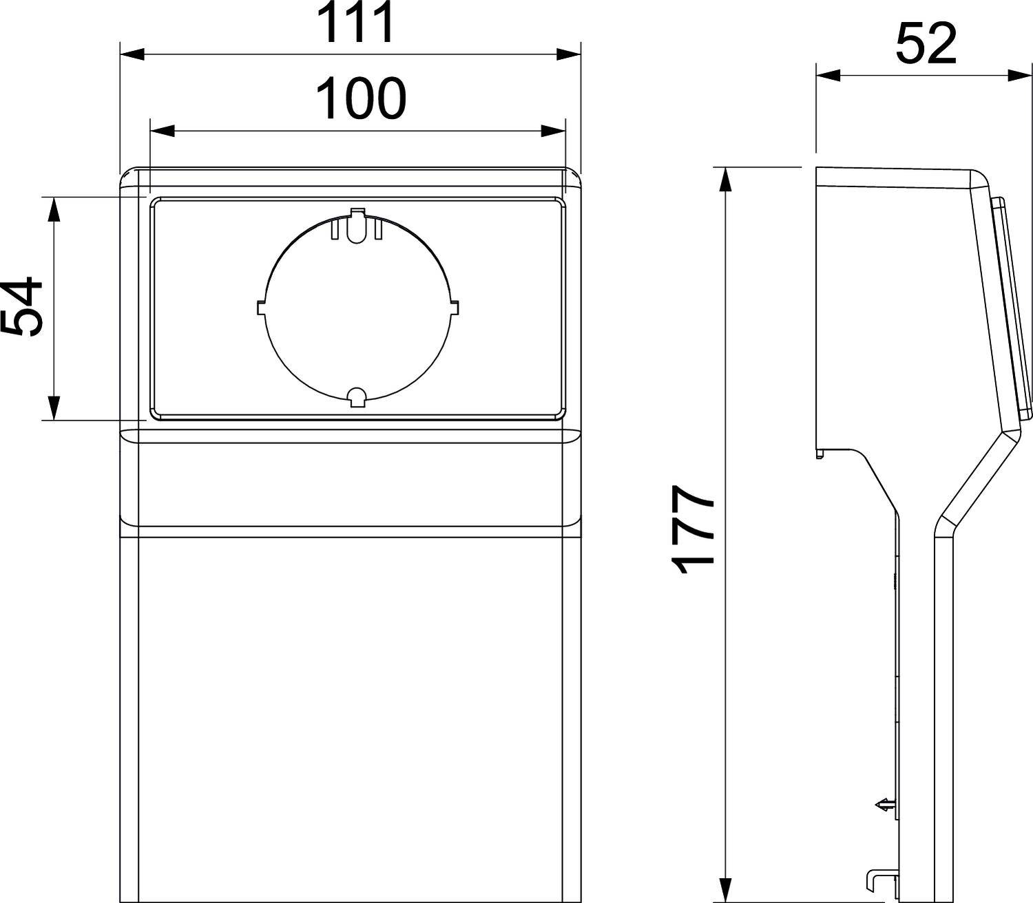 Technische Zeichnung eines rechteckigen Geräts mit Maßen: 111 mm Breite, 177 mm Höhe, und 52 mm Tiefe. Enthält kreisförmige Öffnung.