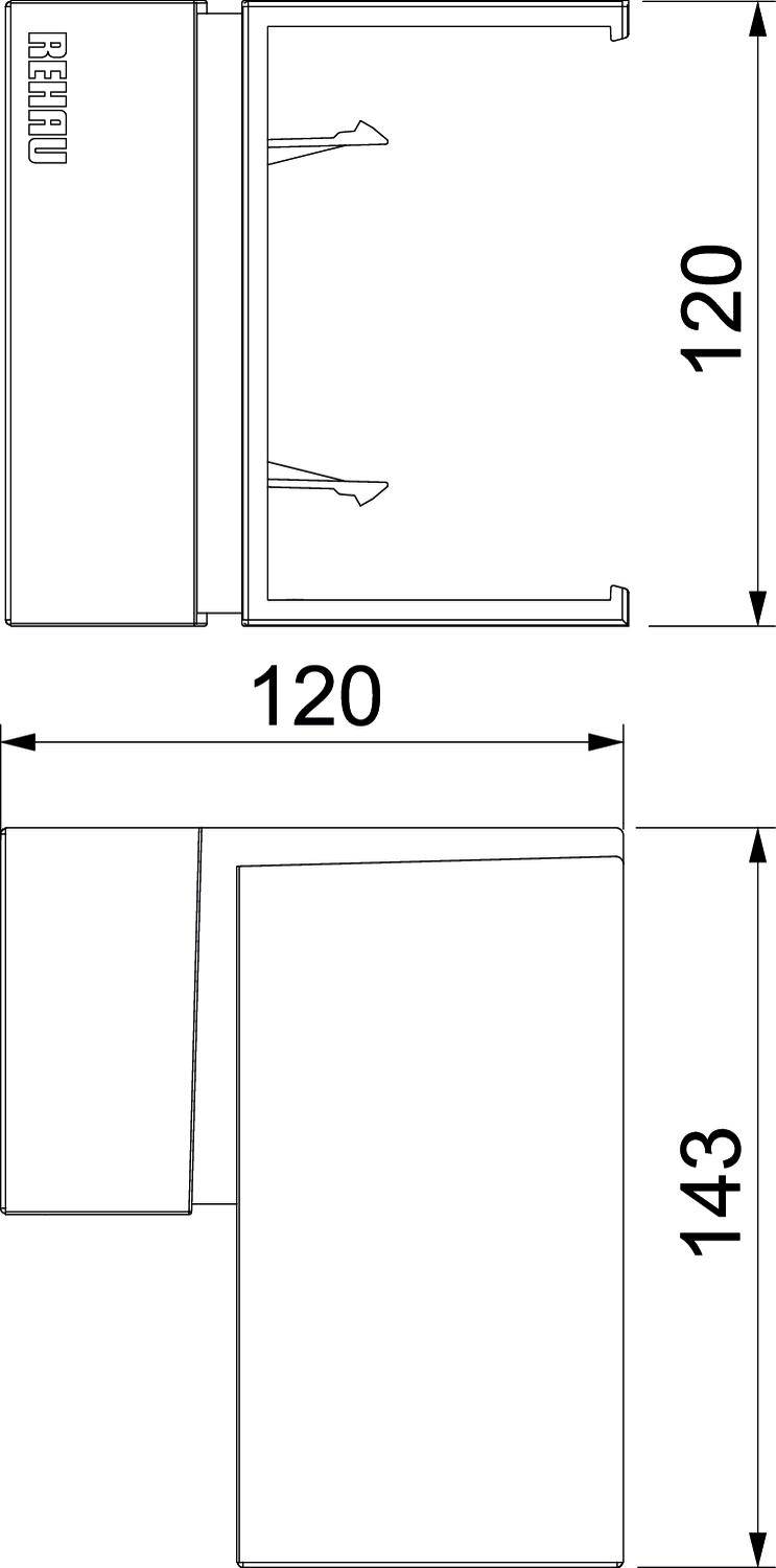 Technische Zeichnung eines L-förmigen Möbelstücks mit den Maßen 120x120 cm auf der Seite und 143 cm als Gesamttiefe.