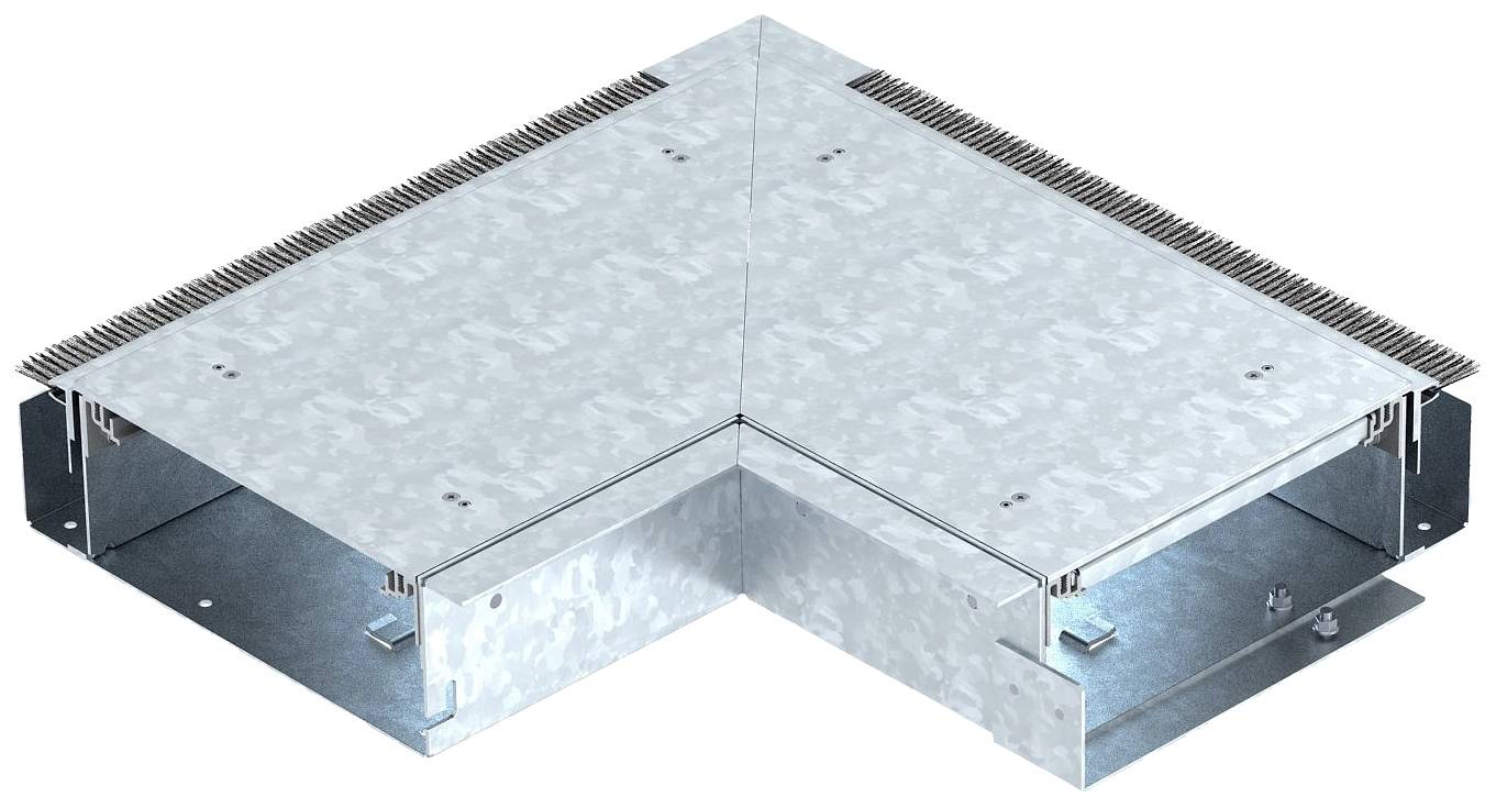 Metallischer Eckverbinder für Lüftungskanäle, L-förmig, aus verzinktem Stahl mit sichtbaren Schraubbefestigungen an den Seiten.