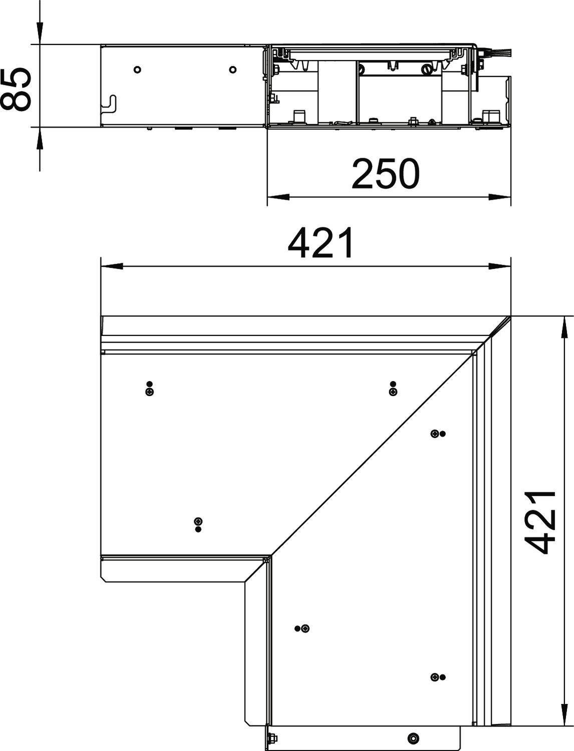 Technische Zeichnung eines Winkelschiebesystems mit Maßen: Höhe 85 mm, Länge 250 mm, rechteckige Teile mit 421 mm x 421 mm.