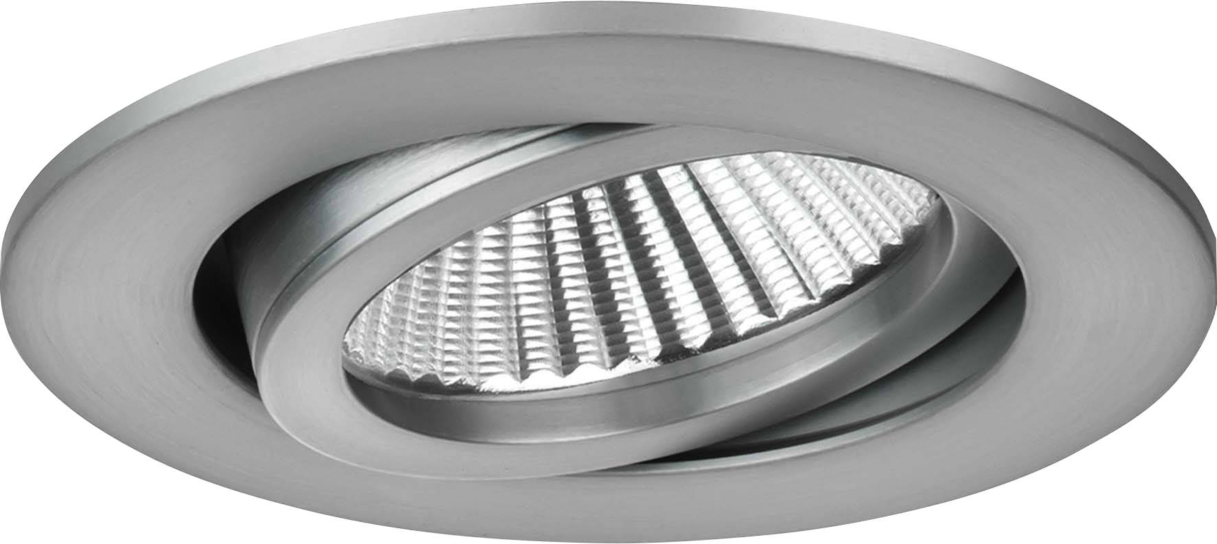 Runde, silberne Einbauleuchte mit einem ringförmigen Design und einem geriffelten Inneren, geeignet für moderne Innenbeleuchtung.