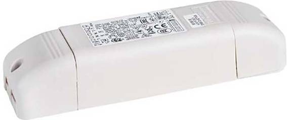 Weiße, rechteckige elektronische Komponente mit mehreren Symbolen und Beschriftungen auf einer Seite. Möglicherweise ein LED-Treiber.