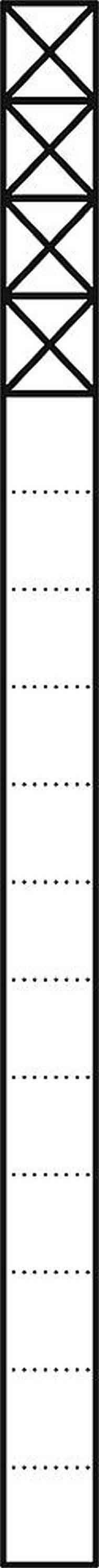 Ein langes Rechteck mit einer durchgehenden Linie in der Mitte; die obere Hälfte enthält diagonale Linien, die obere untere Punkte.