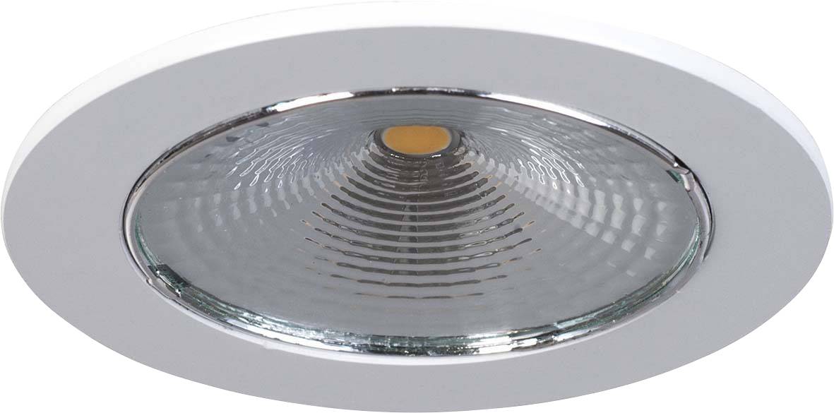 Runder LED-Deckenstrahler mit silbernem Rand und runder, reflektierender Oberfläche. Ideal zur Beleuchtung von Innenräumen.