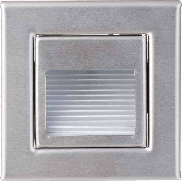 Quadratische, silberne LED-Wandleuchte mit geripptem, transparentem Mittelteil.