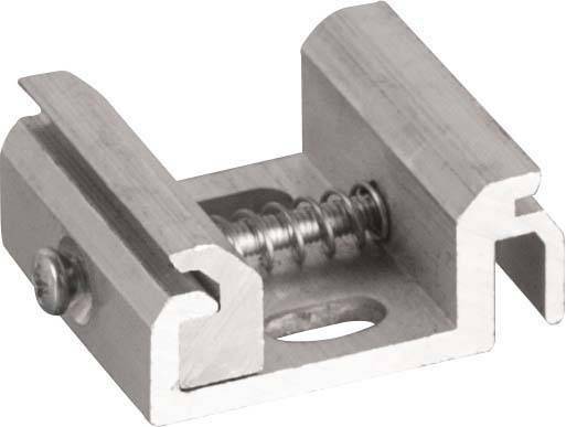 Metallbefestigungsclip mit Feder in der Mitte, geeignet für die Montage in schlitzartigen Schienen oder Halterungen.