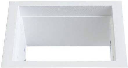 Ein rechteckiger, leerer, weißer Kasten oder Rahmen mit einer offenen Vorderseite, vor einem neutralen Hintergrund.