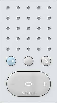 Intercom-Anlage mit Lautsprecher und drei Tasten: Eine blau markierte Taste, eine neutrale Taste und eine mit Lautsprechersymbol.