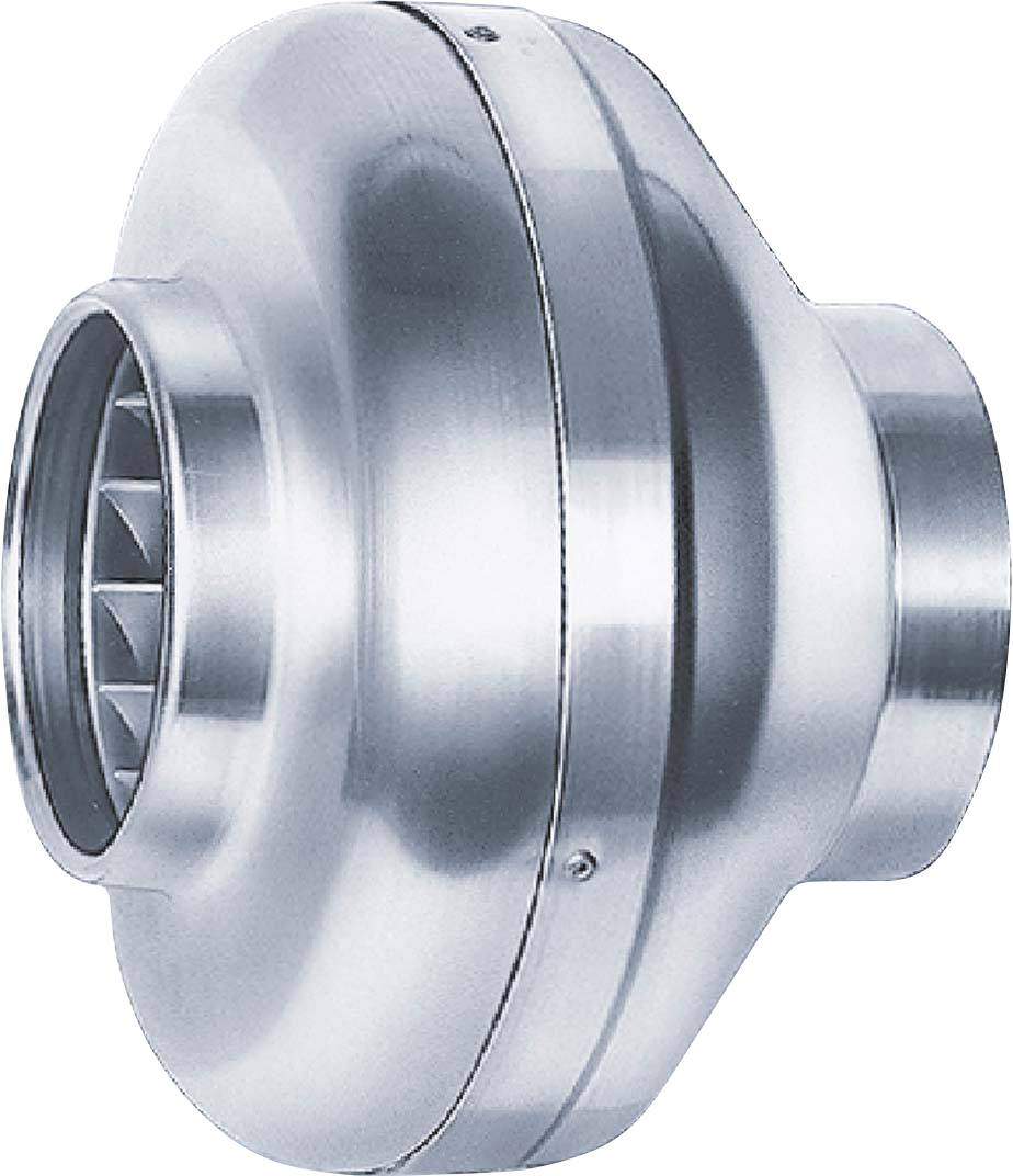 Ein silberner zylindrischer Lüfter aus Metall, typischerweise für industriellen Einsatz, mit sichtbaren Lamellen im Inneren.