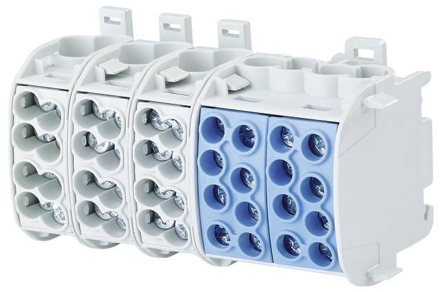Mehrpolige elektrische Steckverbinder mit weißen und blauen Elementen, geeignet für industrielle Anwendungen und Verkabelungssysteme.