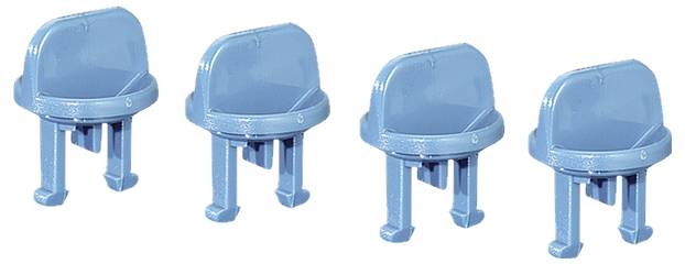 Vier blaue, runde Lego-Stühle stehen nebeneinander.