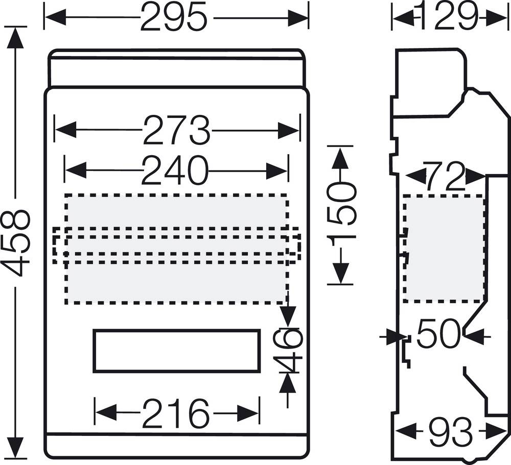 Technische Zeichnung eines Geräts mit Maßangaben: Höhe 458 mm, Breite 295 mm, Tiefe 129 mm, mit Details zur internen Struktur.