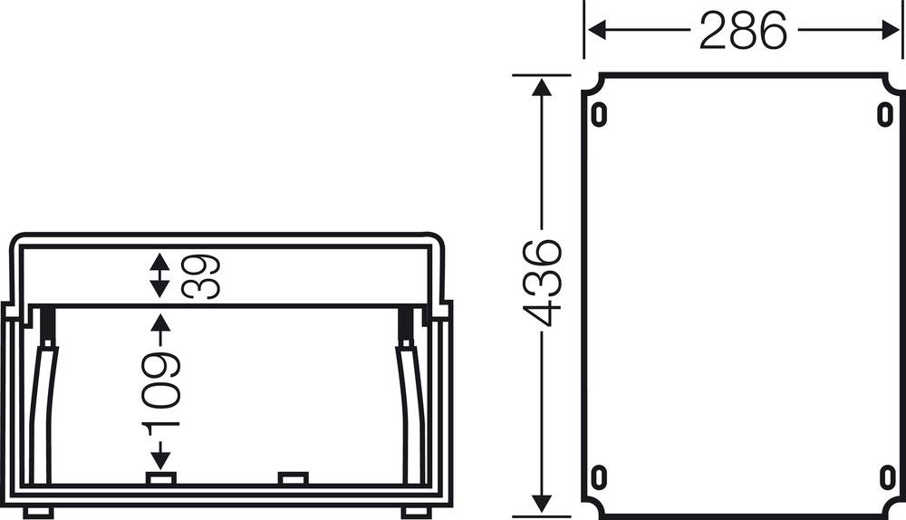 Technische Zeichnung eines rechteckigen Kastens mit Maßen: Breite 286 mm, Höhe 436 mm. Seitenansicht zeigt Tiefe von 39 mm und interne Komponente bei 109 mm Höhe.