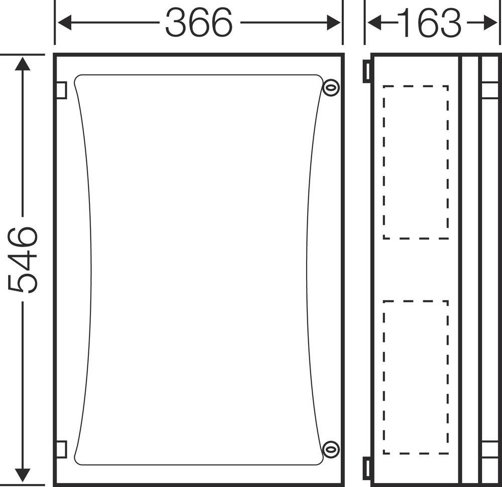 Technische Zeichnung eines rechteckigen Blocks mit den Maßen: Breite 366 mm, Tiefe 163 mm, Höhe 546 mm, Frontal- und Seitenansicht.