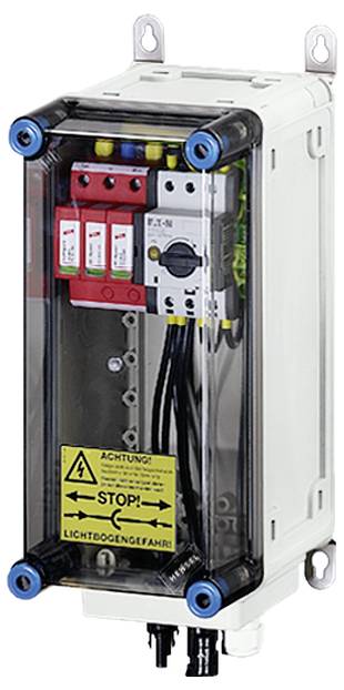 Elektrischer Kasten mit Schaltern und Warnhinweis 'STOP! Lichtbogengefahr!'. Kabel führen aus der Unterseite des Kastens heraus.