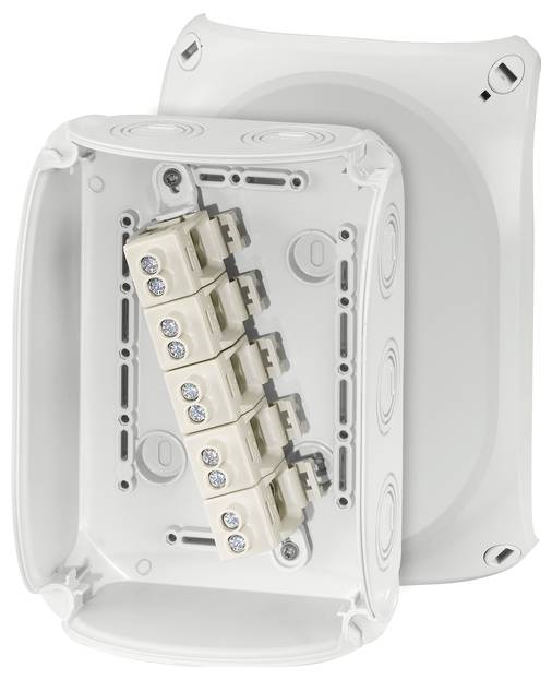 Weiße Elektroinstallationsdose mit sechs Klemmen innen. Deckel daneben, offen. Geeignet für elektrische Verkabelung und Verbindungen.