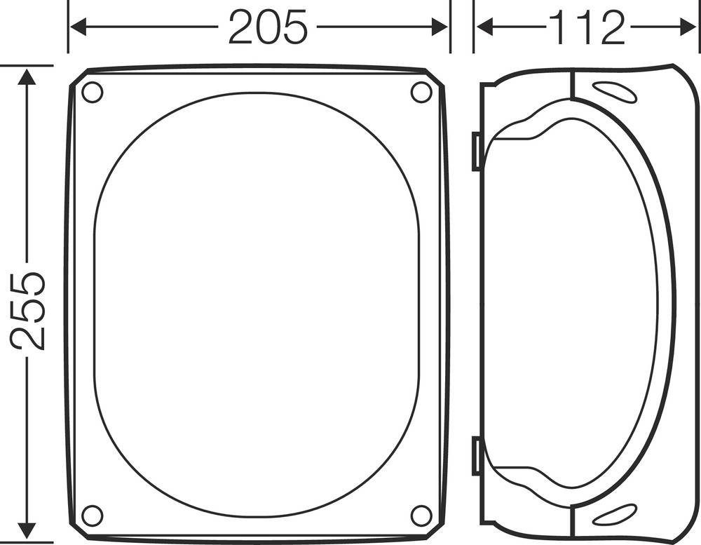 Technische Zeichnung eines quadratischen Gehäuses mit Deckel. Maße: 205 mm Breite, 112 mm Tiefe, 255 mm Höhe.