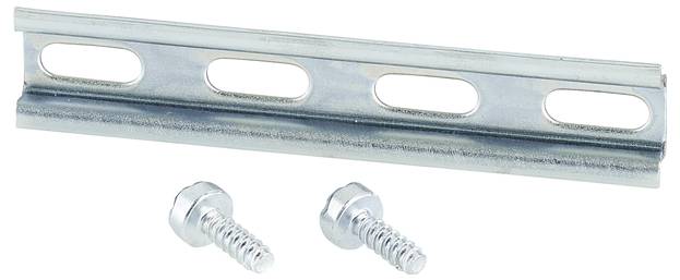Metallschiene mit ovalen Aussparungen, begleitet von zwei Metallschrauben.