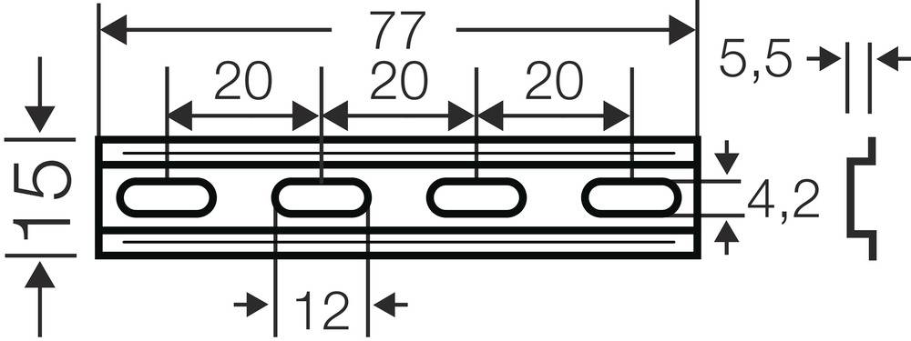 Technische Zeichnung eines Metallprofils mit Maßen: Länge 77 mm, Breite 15 mm, 4 ovale Aussparungen, Abstände und Durchmesser angegeben.