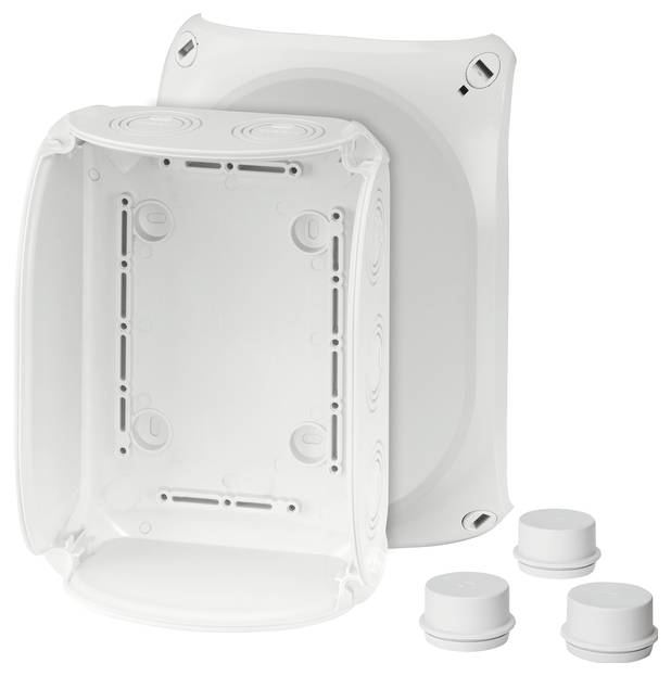 Rechteckige, weiße Kunststoff-Abzweigdose mit abnehmbarer Abdeckung, gezeigt in zwei Teilen. Drei runde Verschlusskappen daneben.