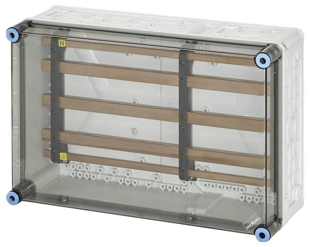 Transparenter Kunststoffkasten mit Kupferschienen für elektrische Verbindungen. Geeignet für Schaltschrankanwendungen.