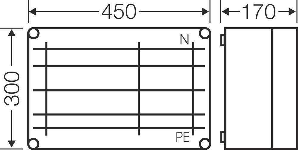 Technische Zeichnung eines rechteckigen Objekts mit Front- und Seitenansicht. Maße: Höhe 300 mm, Breite 450 mm, Tiefe 170 mm. Markierungen: N, PE.