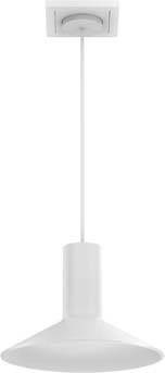 Weiße Hängelampe mit einfachem Design, hängt an einer dünnen Schnur von der Decke herab.