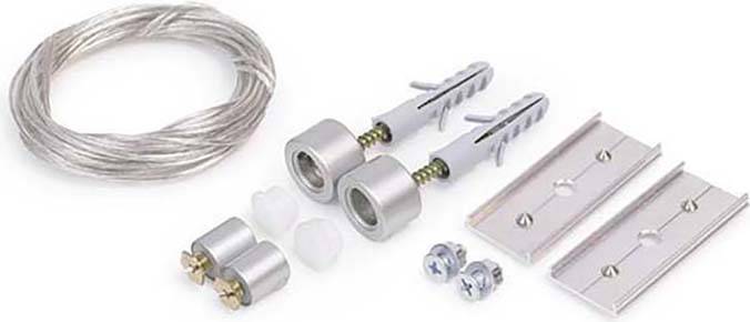 Ein Set zur Bildaufhängung mit Draht, Halterungen und Schrauben auf weißem Hintergrund. Für sicheres Anbringen von Bildern an Wänden.