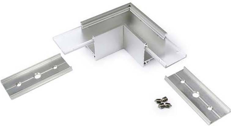 Ein silbernes, L-förmiges Aluminiumprofil mit zwei abnehmbaren Abdeckungen und Schrauben, geeignet für die Verbindung von Bauteilen.